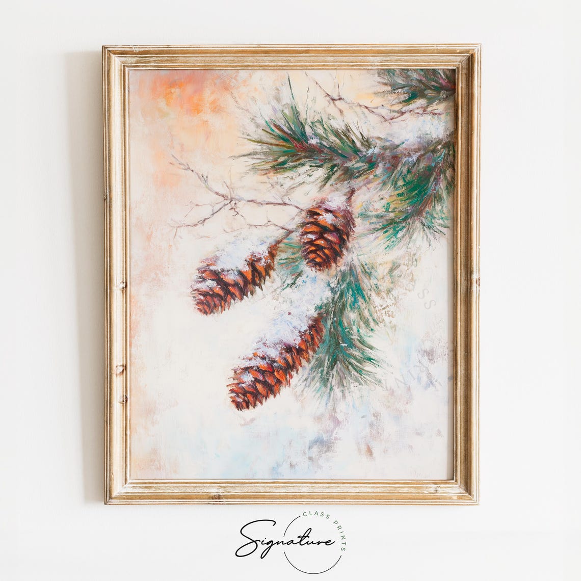 Snow Dusted Pine Cones on Frosty Branch Winter Botanical Poster