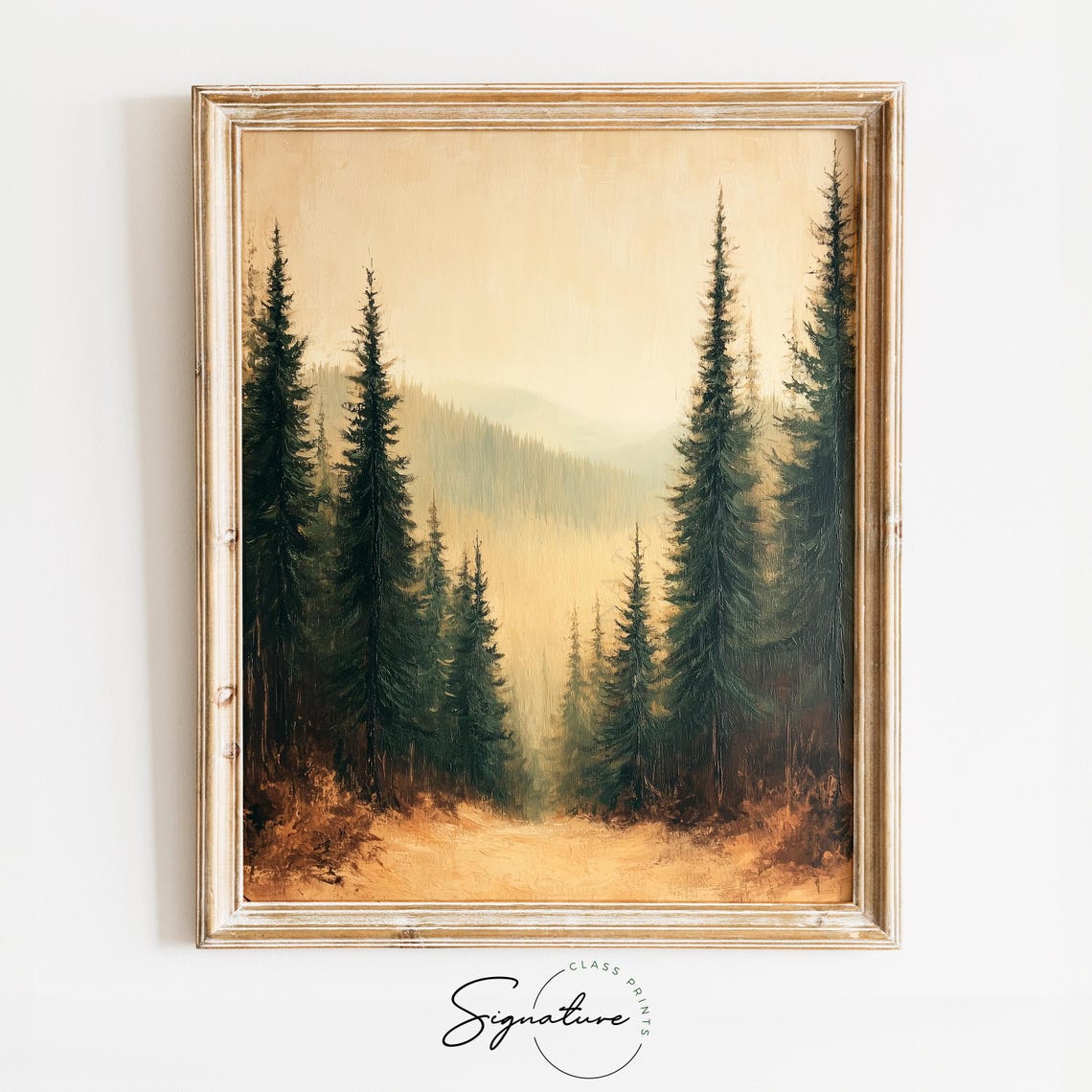 Misty Evergreen Forest in Warm Golden Haze Above Snowy Ground Poster