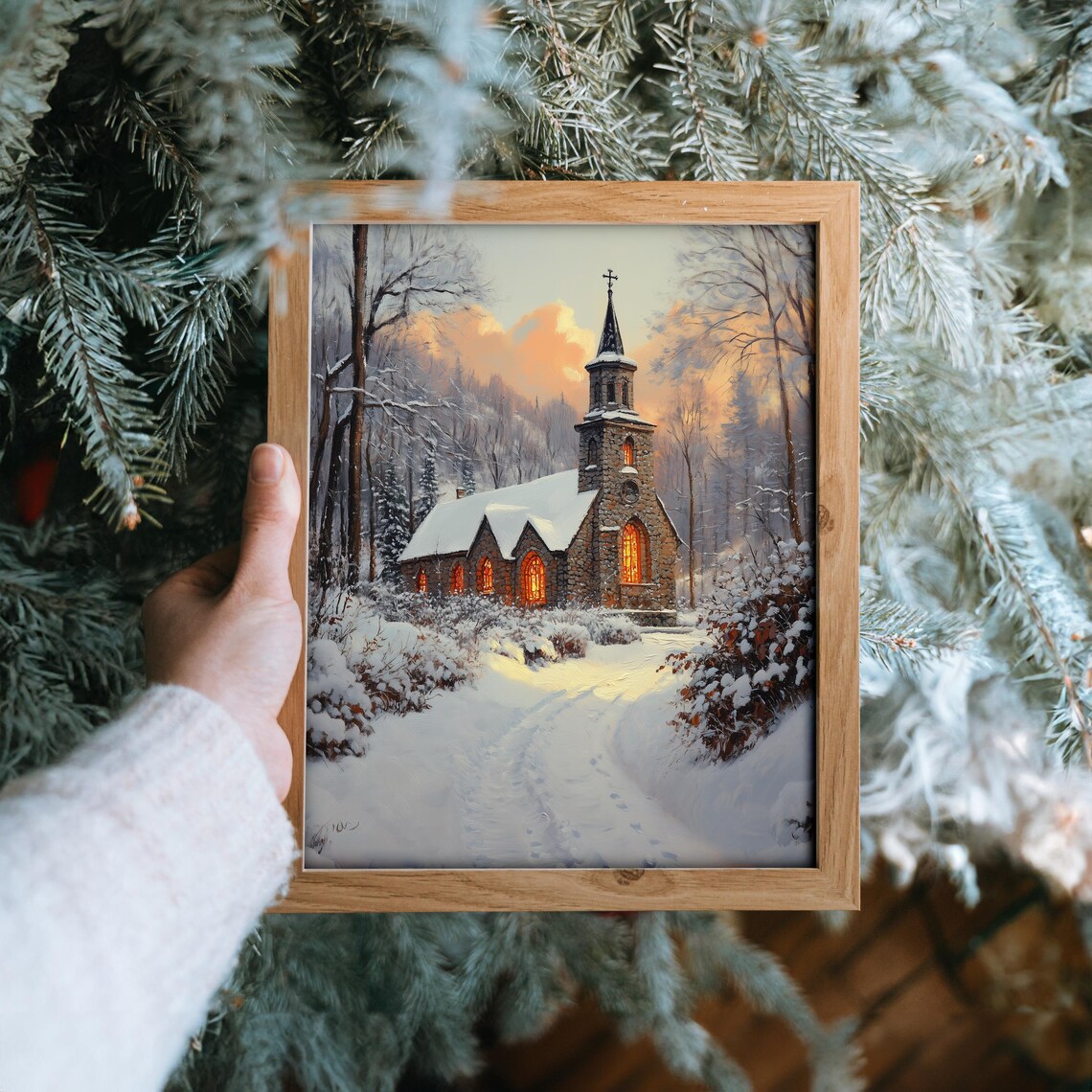 Historic Stone Church In Snow, Rustic Holiday Print - Image 6