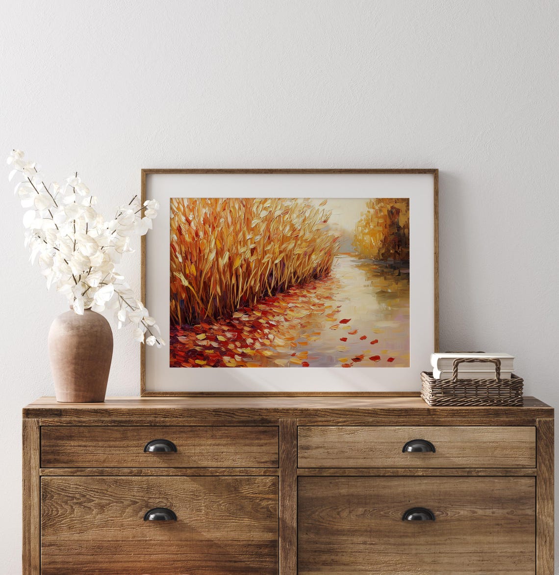 Impasto Golden Reeds With Floating Red Leaves On Calm Water Poster - Image 3