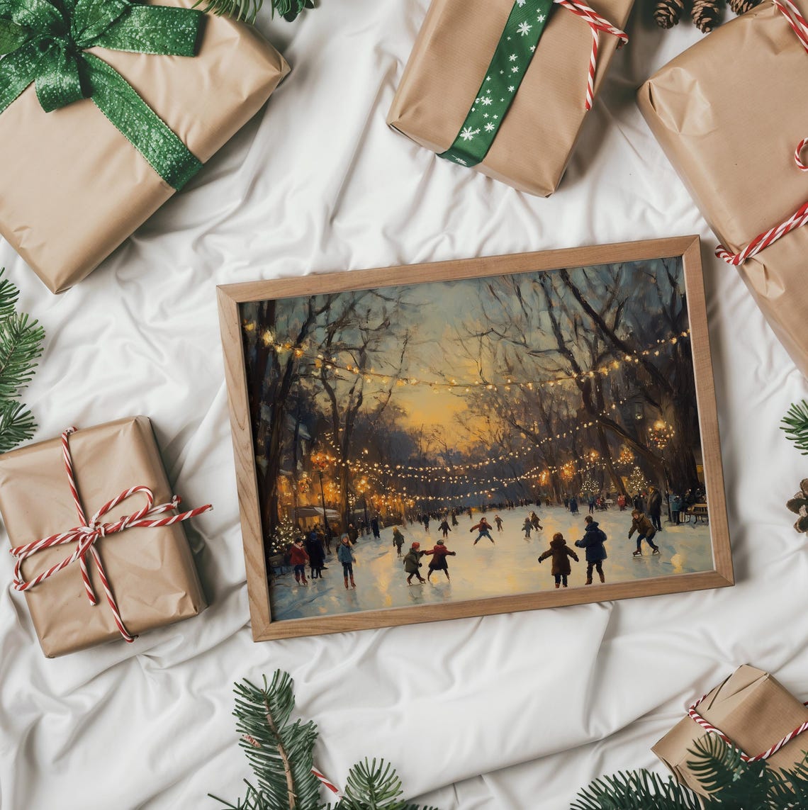 Winter Ice Skating at Dusk Under Twinkling String Lights Poster - Image 2
