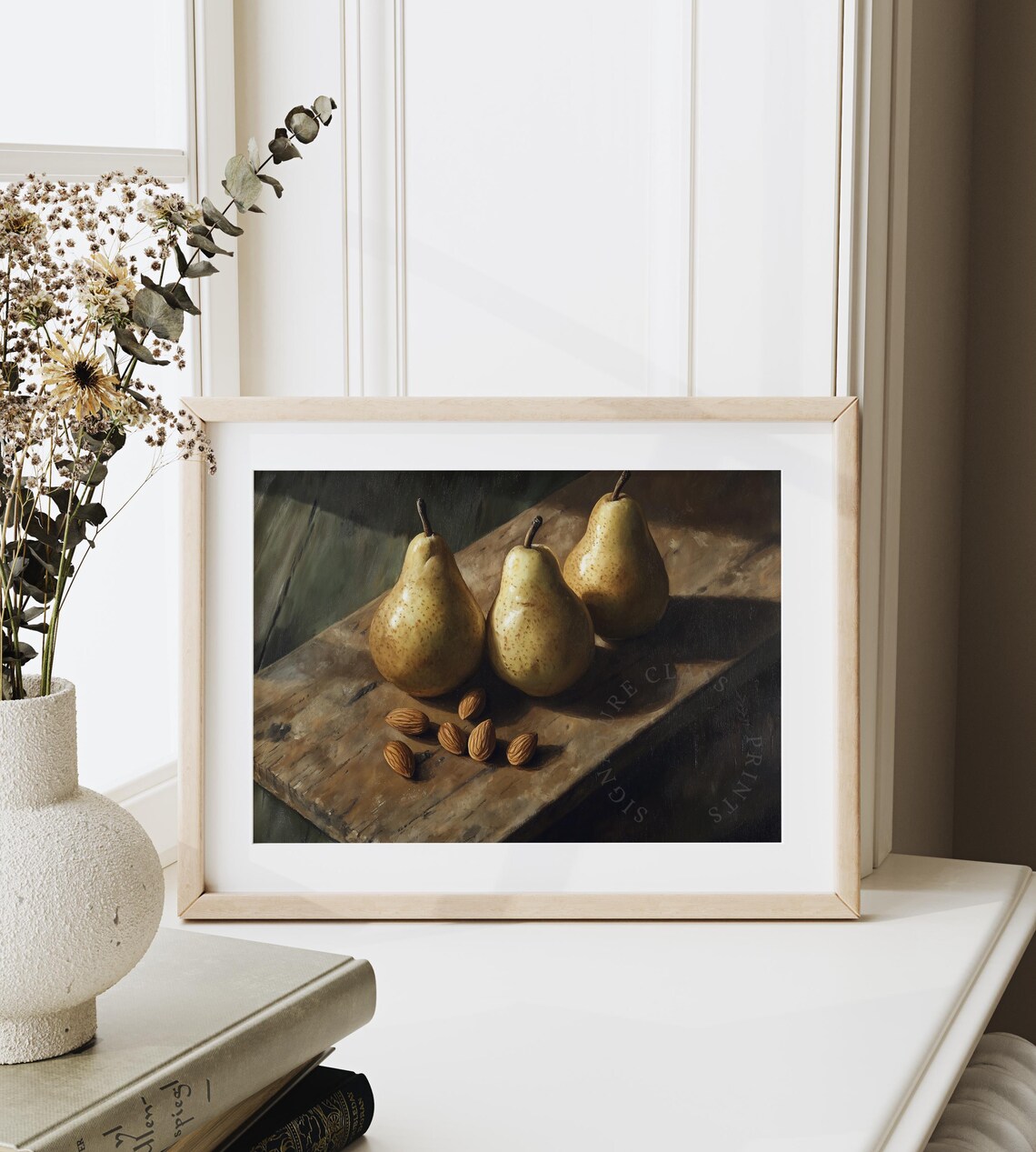Still Life of Three Golden Pears with Almonds Oil Painting Print - Image 6
