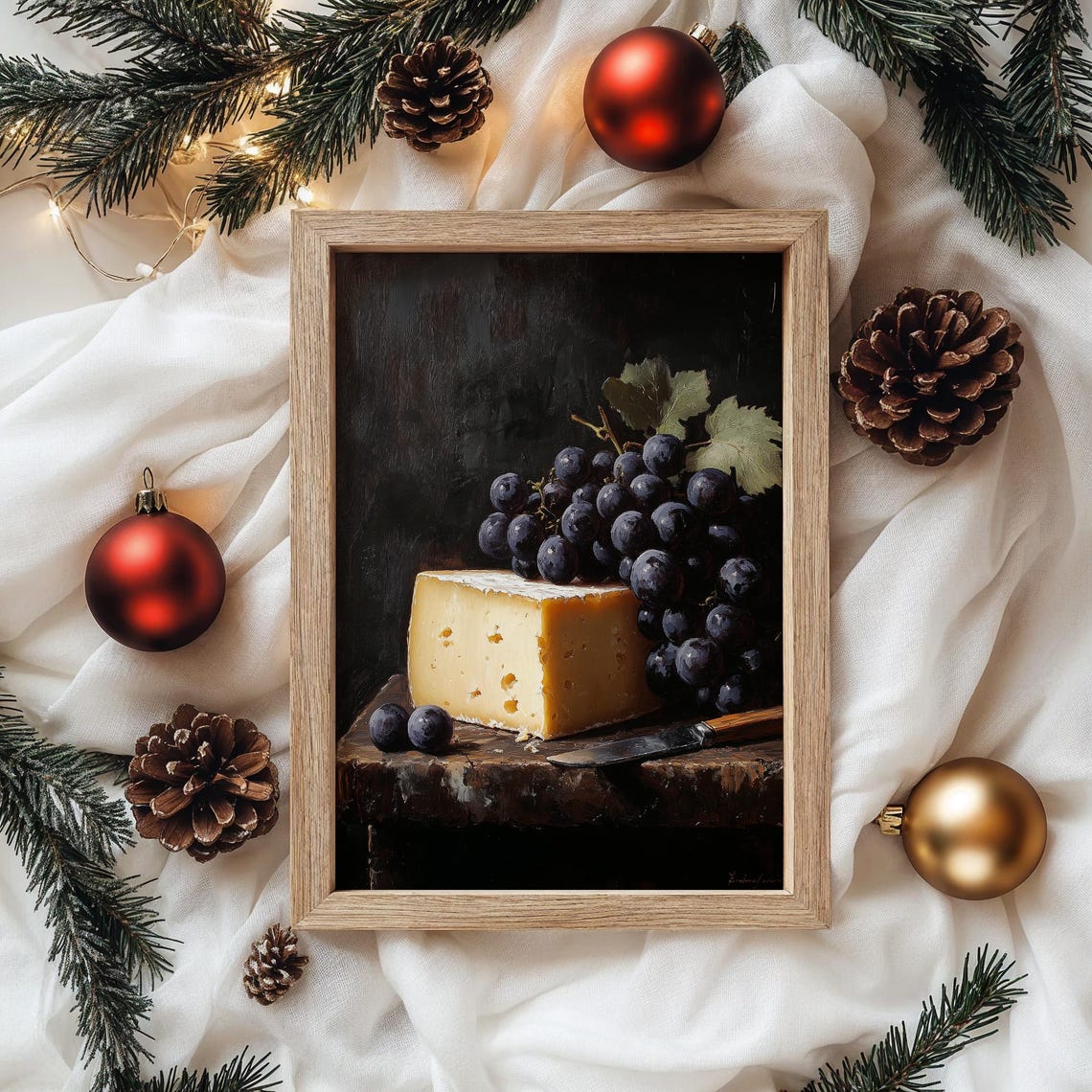Dark Grapes With Aged Cheese Classic Still Life Oil Painting Poster - Image 2