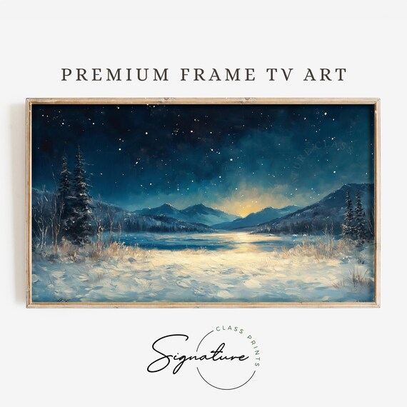 Snowy Winter Meadow Under Stars Tv Art Frame Tv Art Moody Nature Painting Deep Colors Landscape 3431