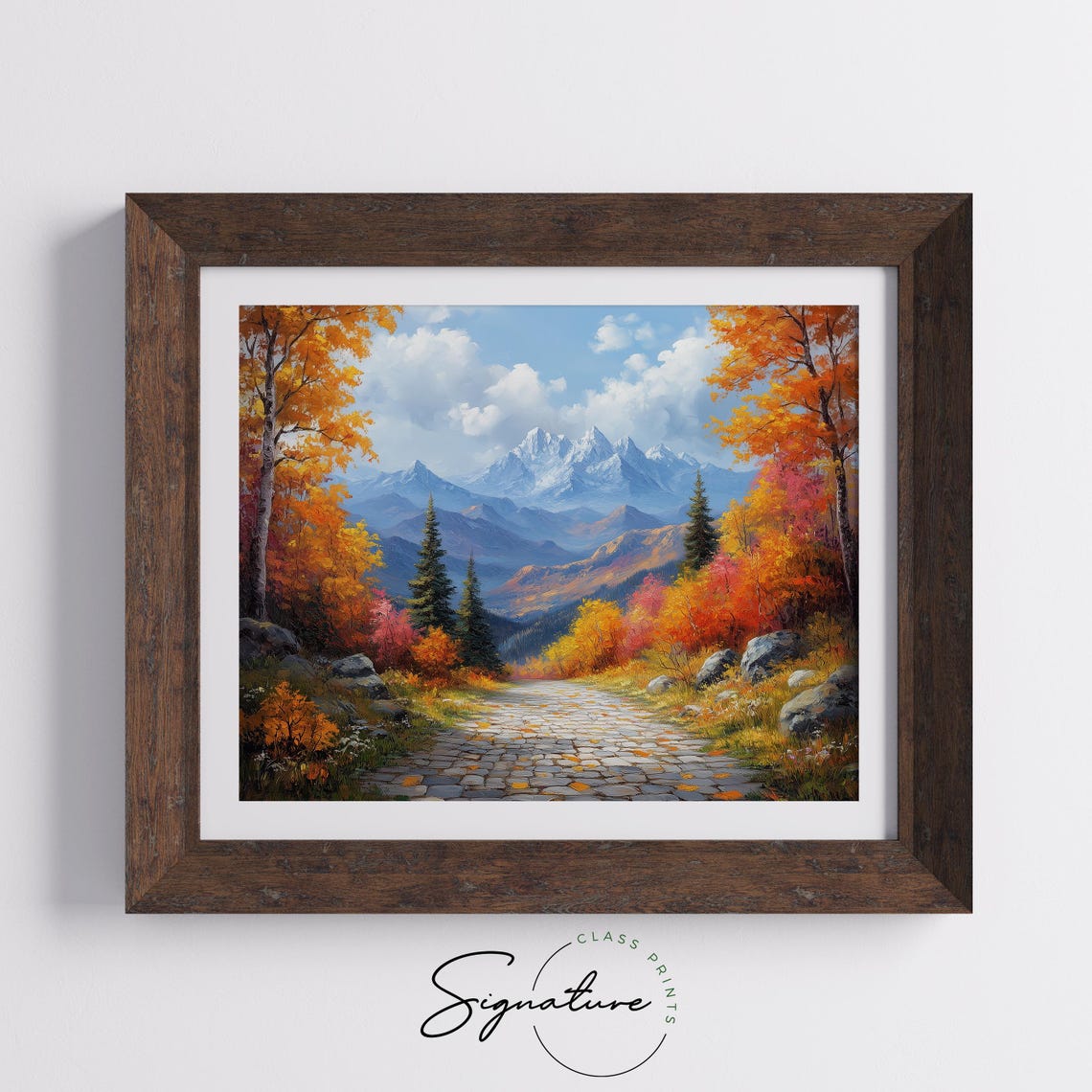 Stone Pathway Through Autumn Forest Toward Snowy Mountains Poster - Image 5