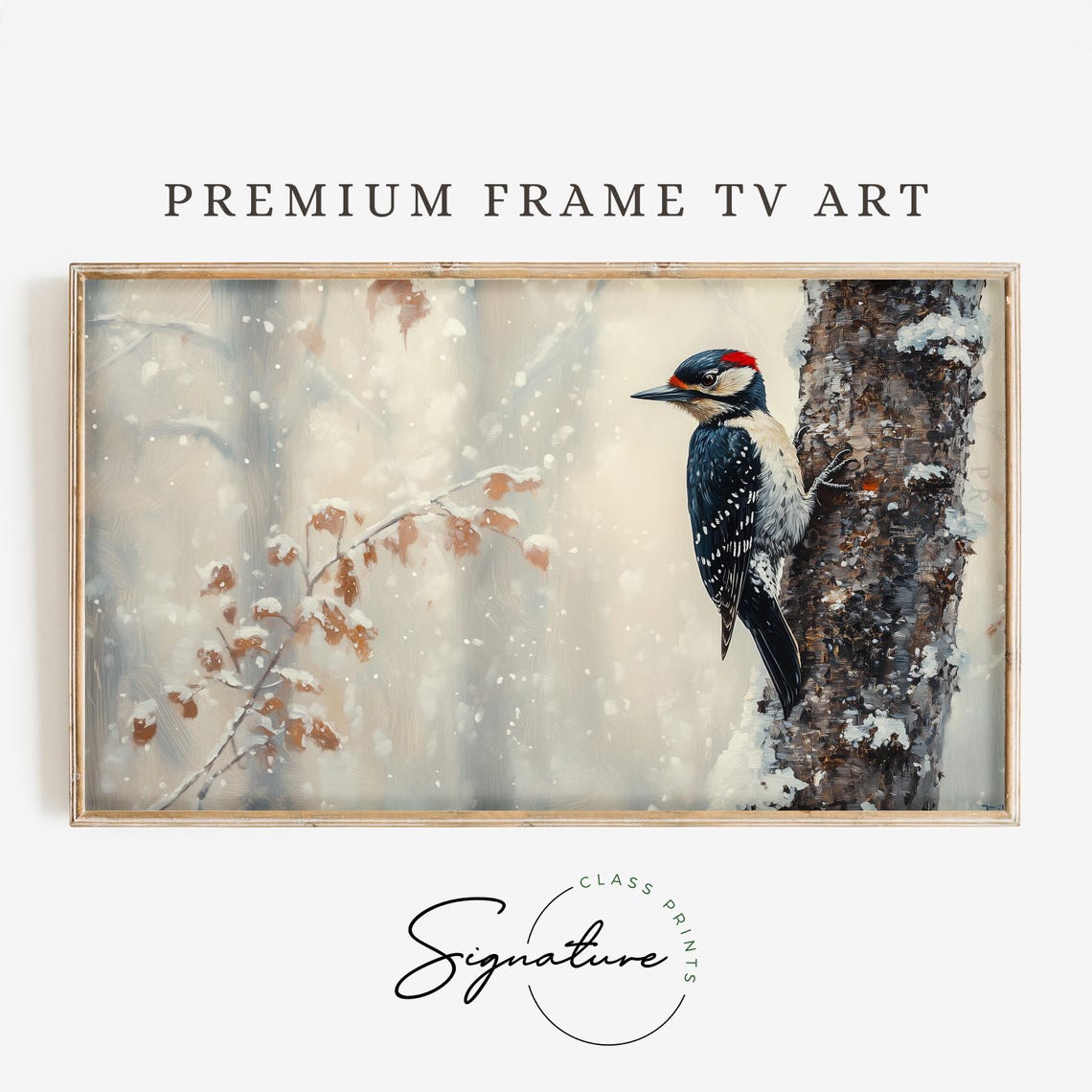 Woodpecker Clinging to Snowy Tree Trunk Winter Forest Poster