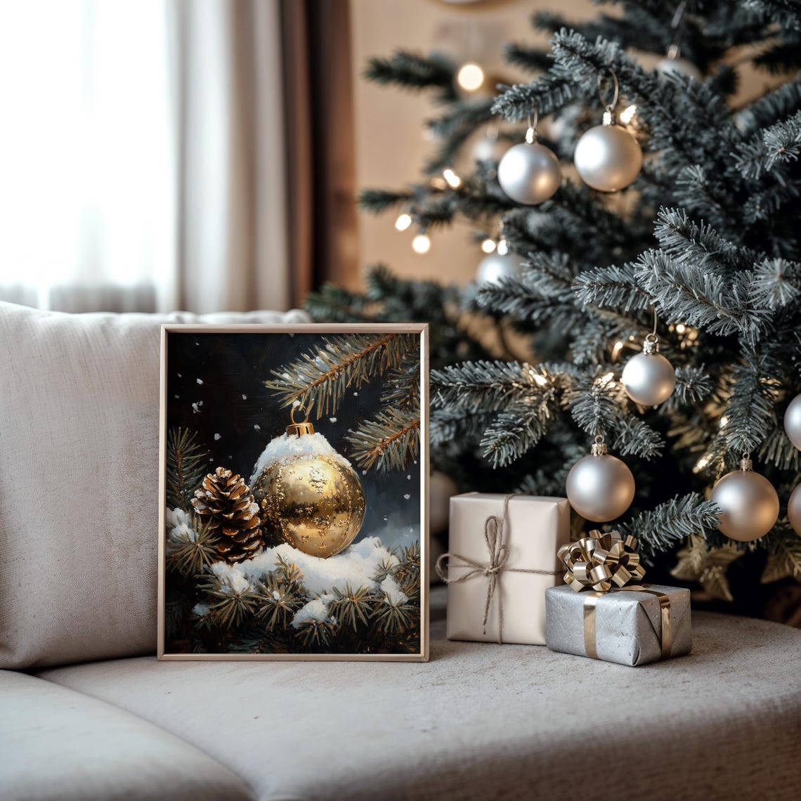 Gold Ornament Hanging From Snowy Branch Pinecone Still Life Poster - Image 5