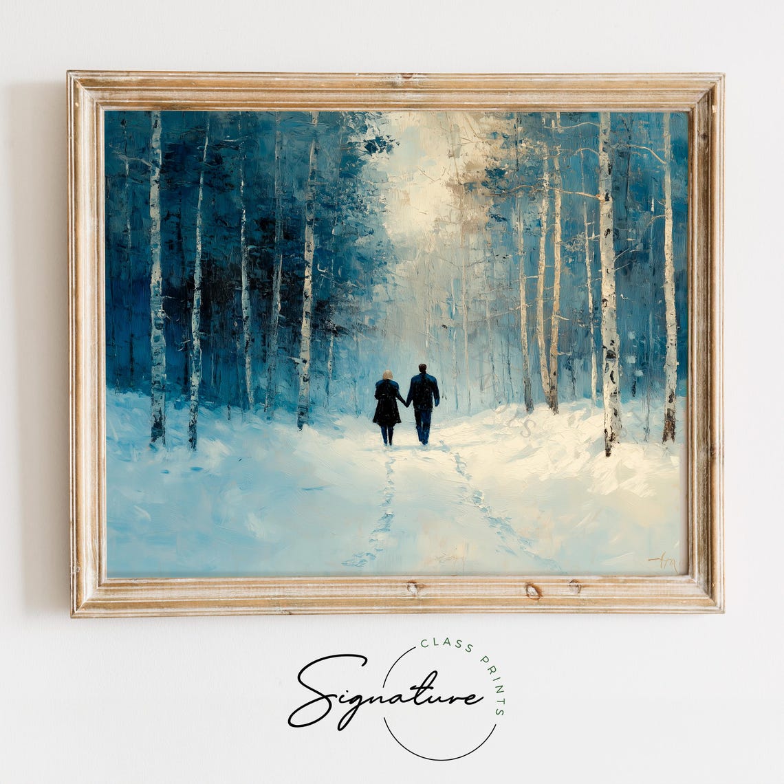 Romantic Couple Walking Through A Snowy Birch Forest Winter Poster