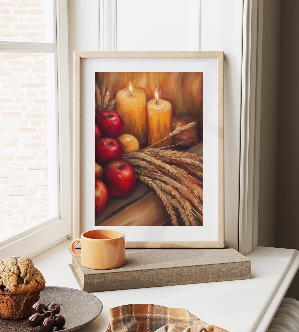 Cozy Autumn Still Life with Red Apples Wheat Sheaves and Candles Poster - Image 6