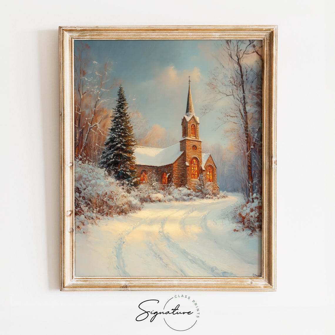 Historic Stone Church In Winter Snow With Glowing Windows Poster