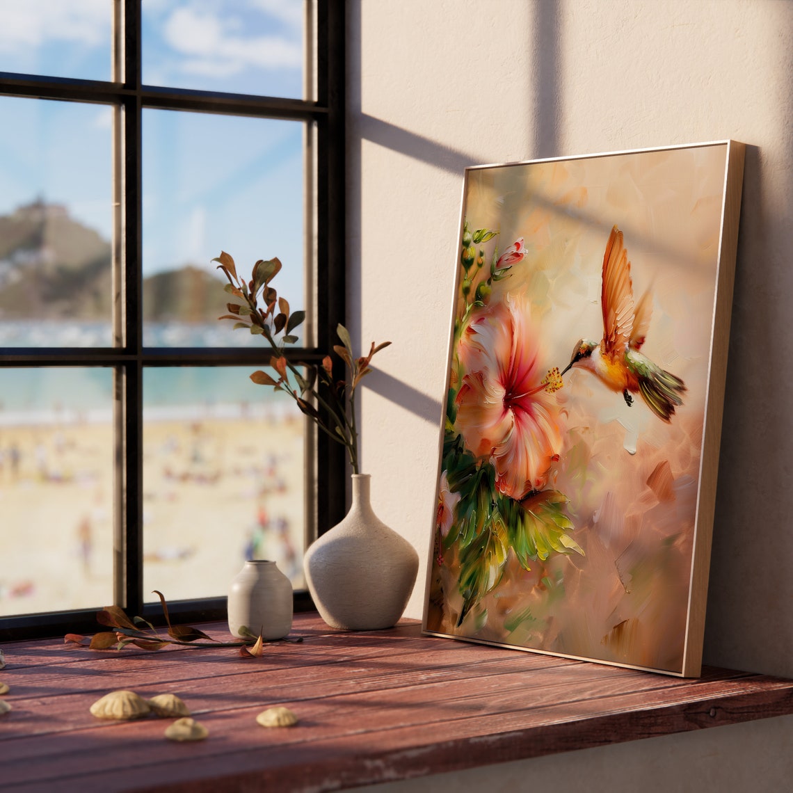 Tiny Hummingbird Sipping Nectar from Pink Hibiscus Flower Poster - Image 5