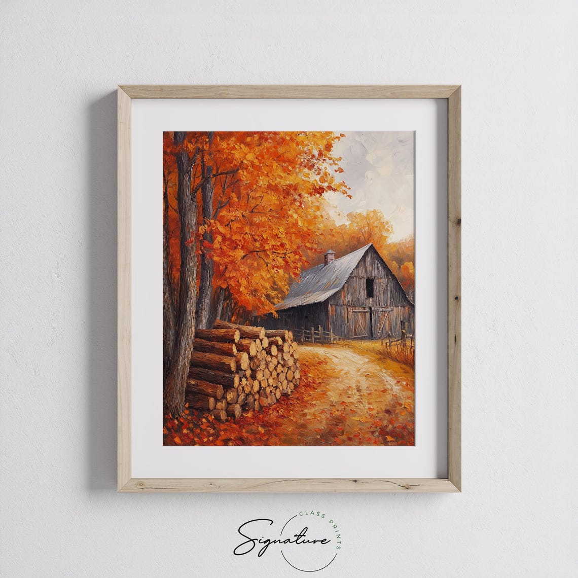Cut Log Stack Weathered Barn Fiery Maple Autumn Painting Print - Image 3