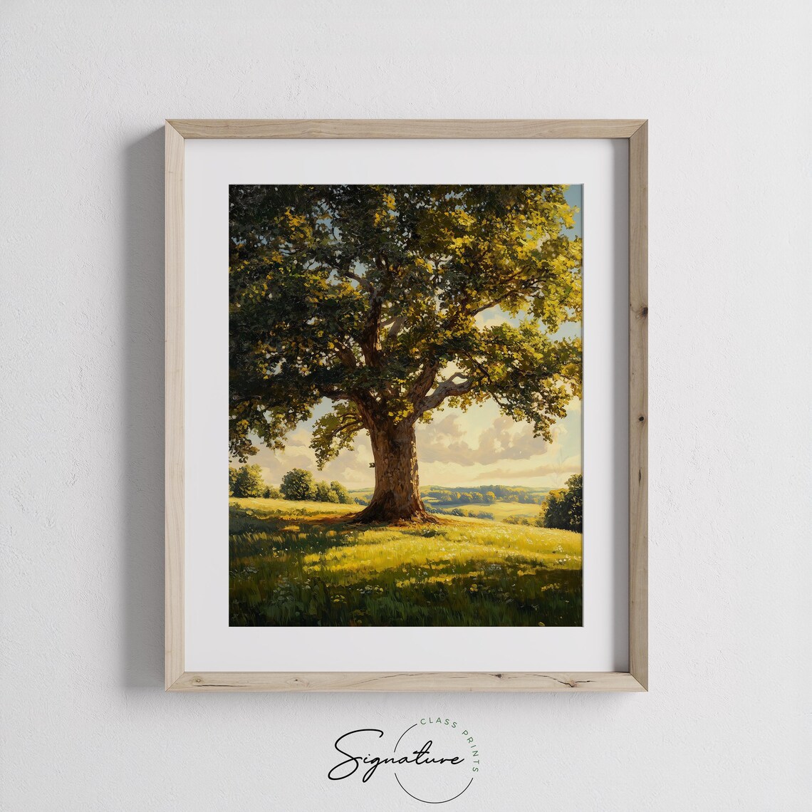 Majestic Oak Tree Sunlit Summer Meadow Countryside Landscape Art Poster - Image 3