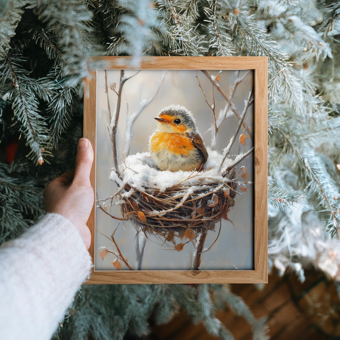 Baby Robin In Snowy Nest With Winter Branches Sweet Bird Art Poster - Image 6