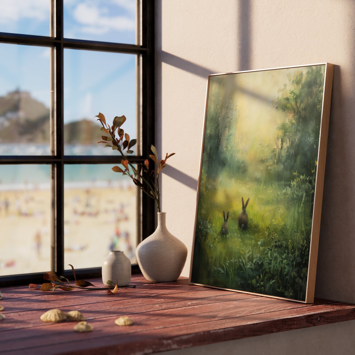 Two Bunnies In Sunlit Meadow Woodland Rabbit Painting Wall Art - Image 5