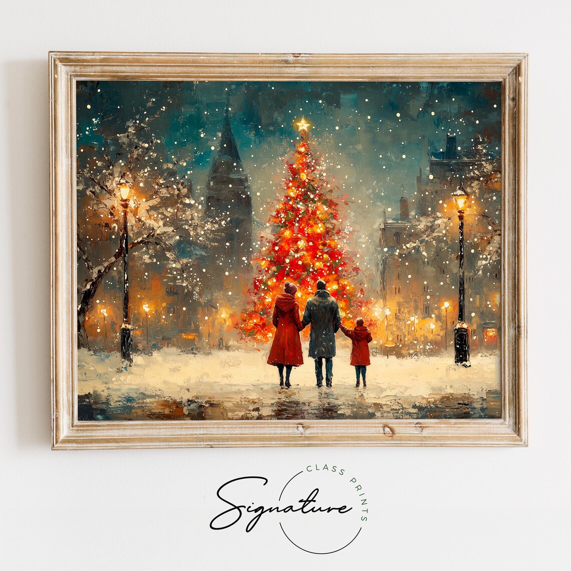 Family Walking Toward Lit Christmas Tree in Snowy Town Square Poster