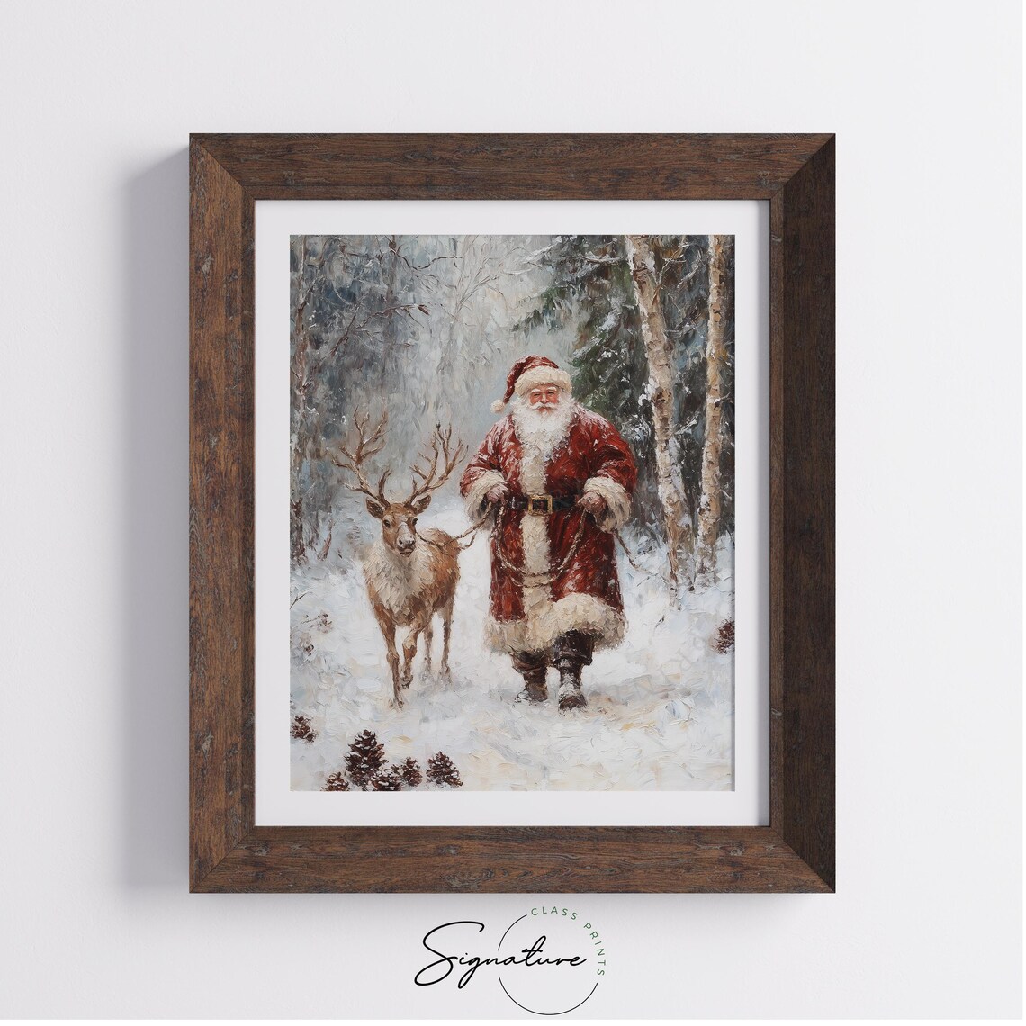 Santa Claus Walking with Reindeer in Snowy Woods Christmas Print - Image 3