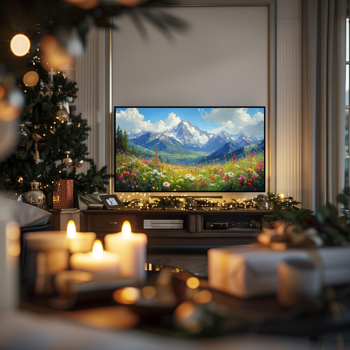 Alpine Wildflower Meadow Colorful Blooms Snow Peaks Landscape Wall Art - Image 3