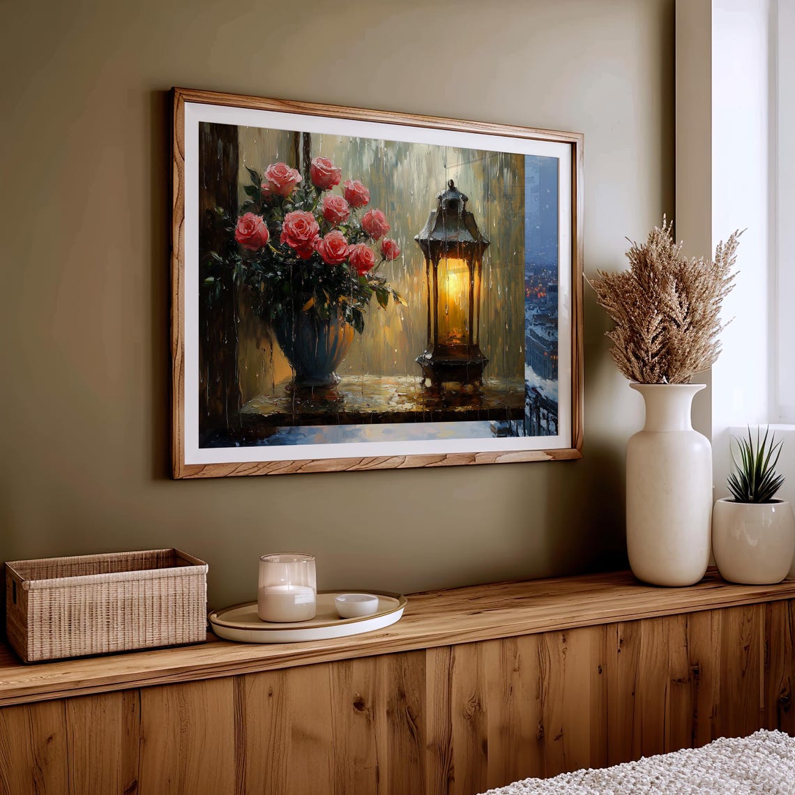 Roses by Rainy Window Glowing Lantern Moody Romantic Floral Art Poster - Image 5