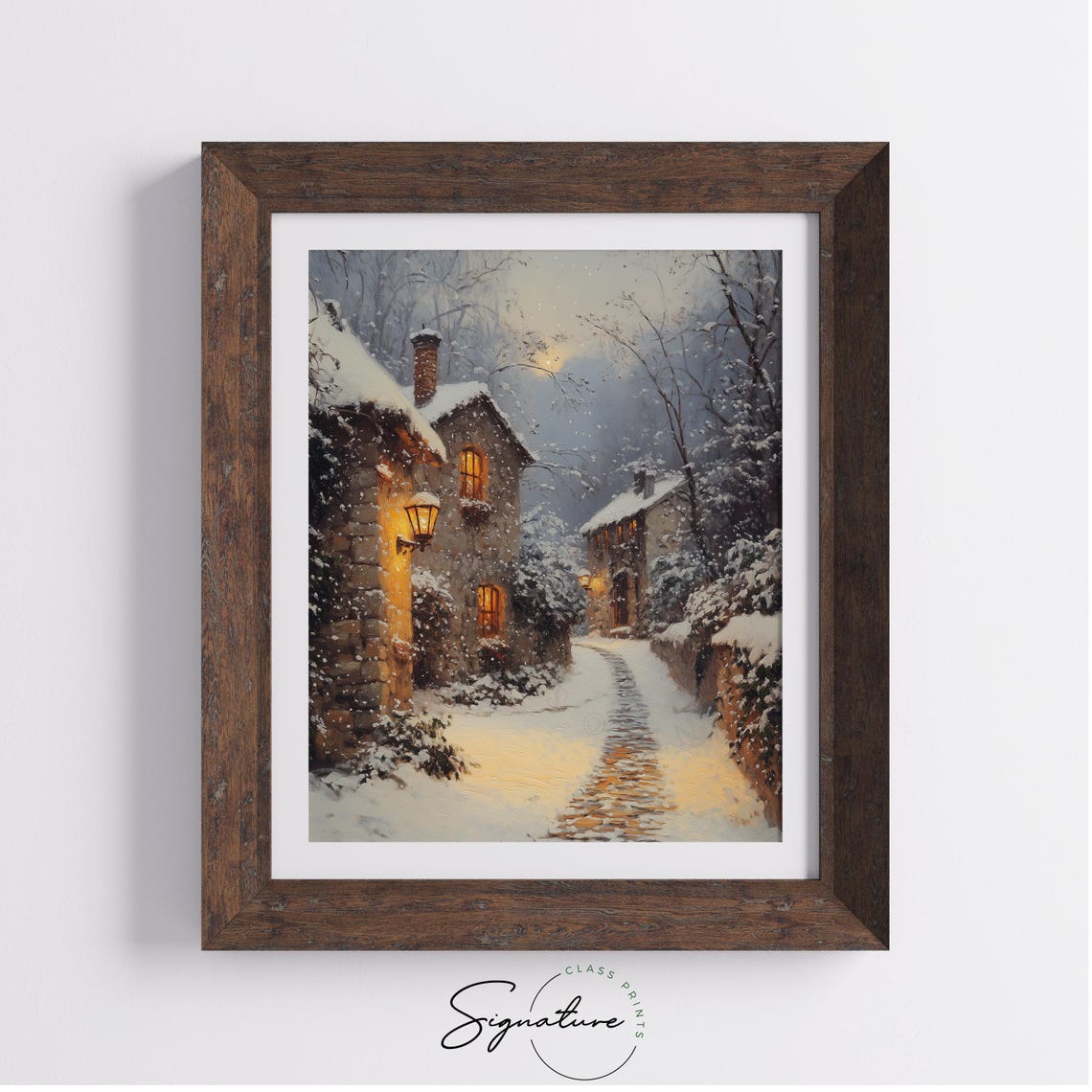 Snowy Village Cobblestone Alley With Glowing Lamps At Night Poster - Image 3