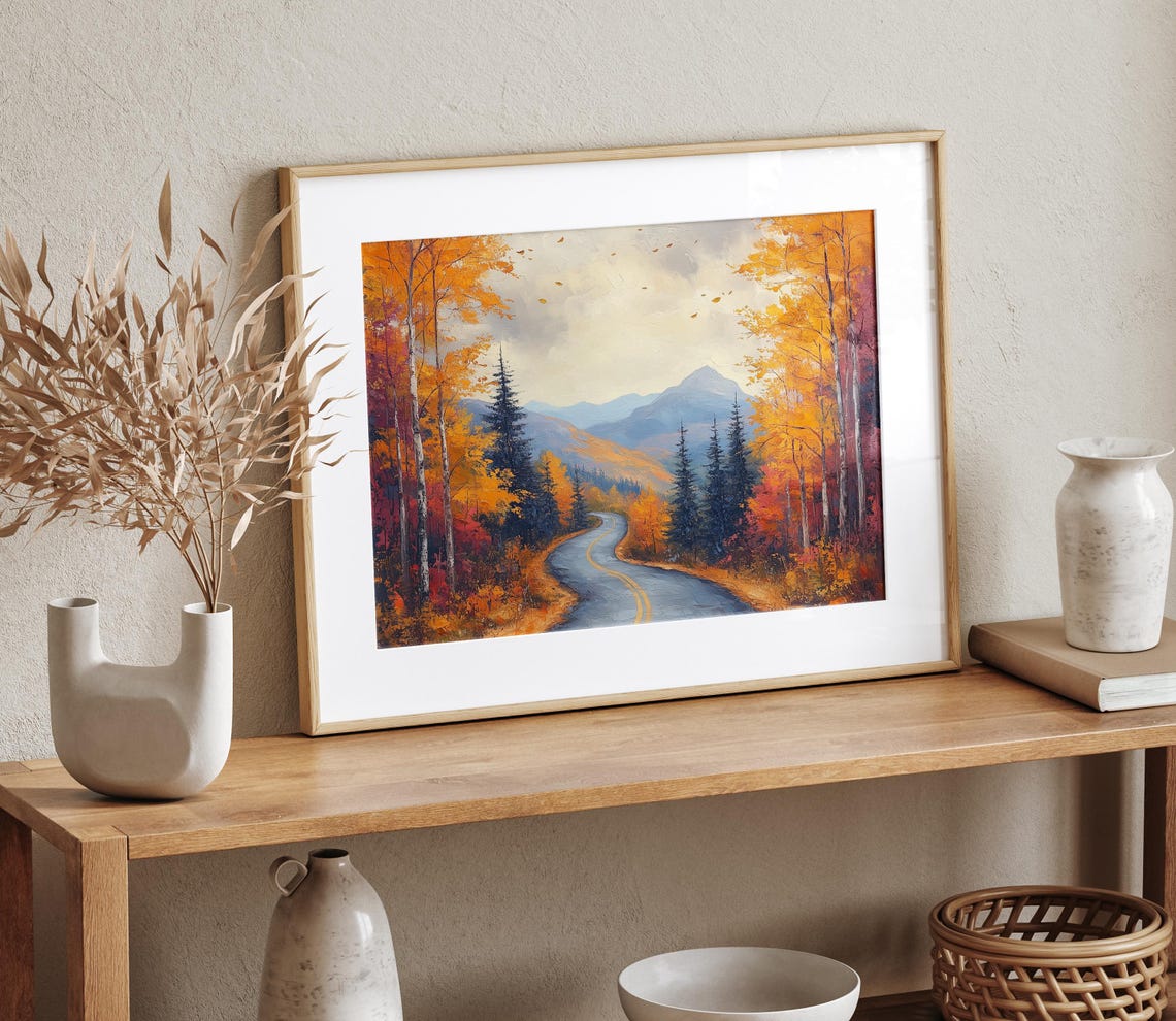 Curving Road Birch Forest Falling Leaves Mountain Oil Painting Poster - Image 4