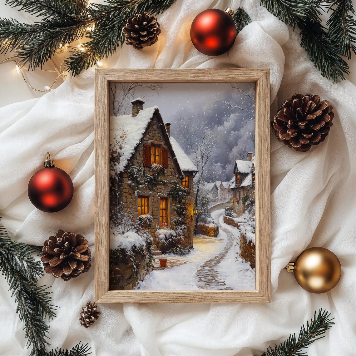 Ivy Covered Stone Cottage on Snowy Cobblestone Village Lane Poster - Image 4