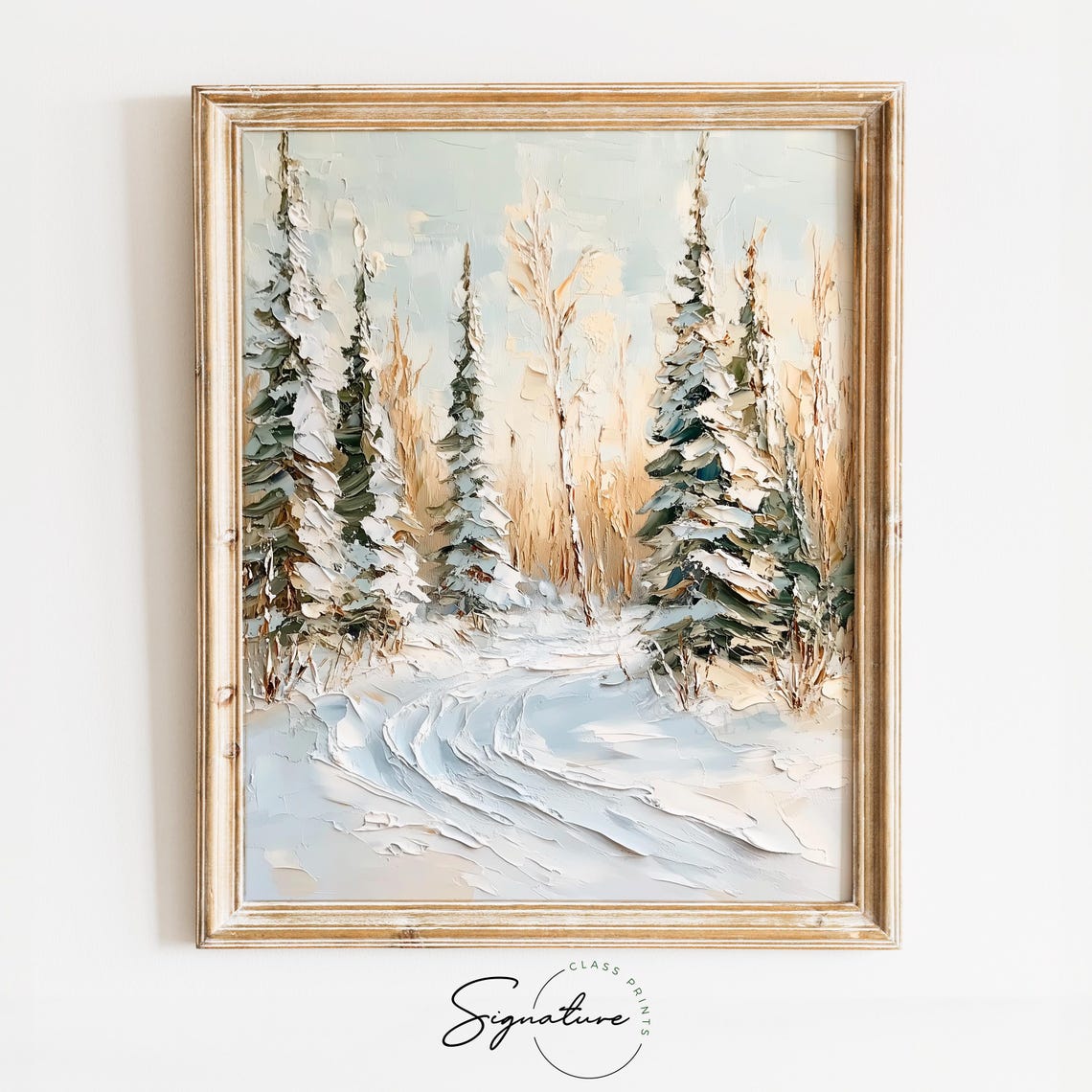 Snow Laden Evergreens with Curving Trail Impasto Winter Poster