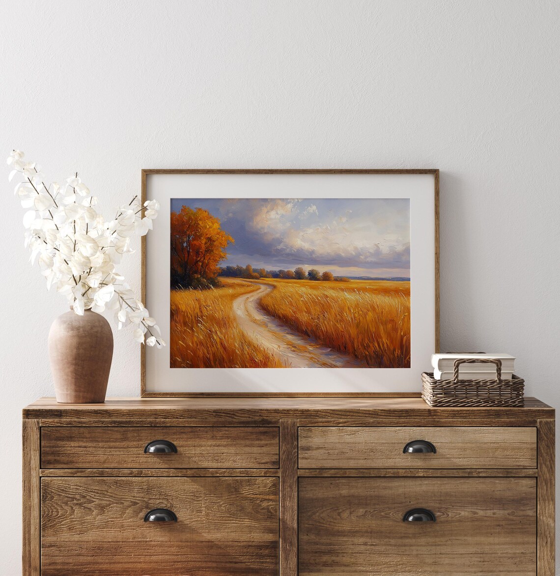 Golden Wheat Field Winding Path Sunset Prairie Painting Print - Image 3
