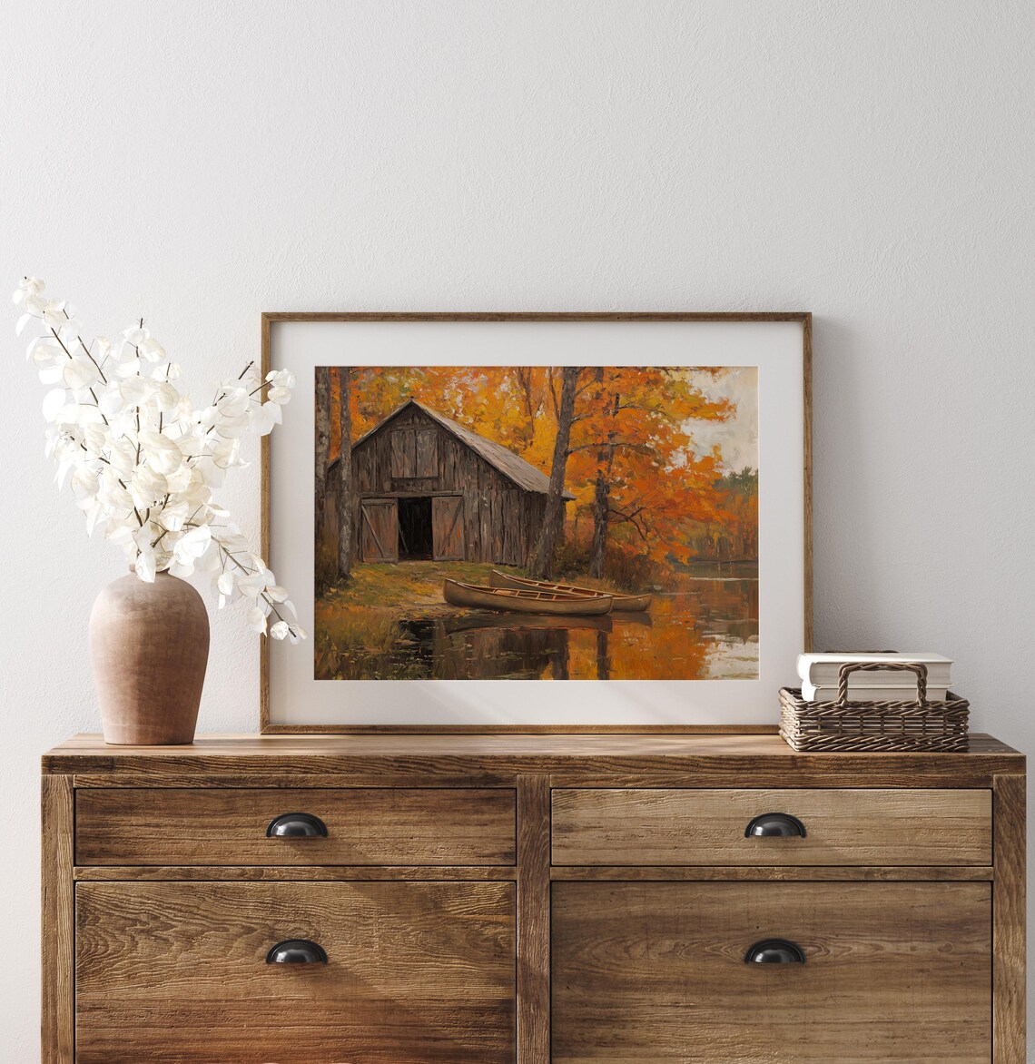 Weathered Barn Beside a Lake With Two Canoes in Peak Fall Colors Poster - Image 3
