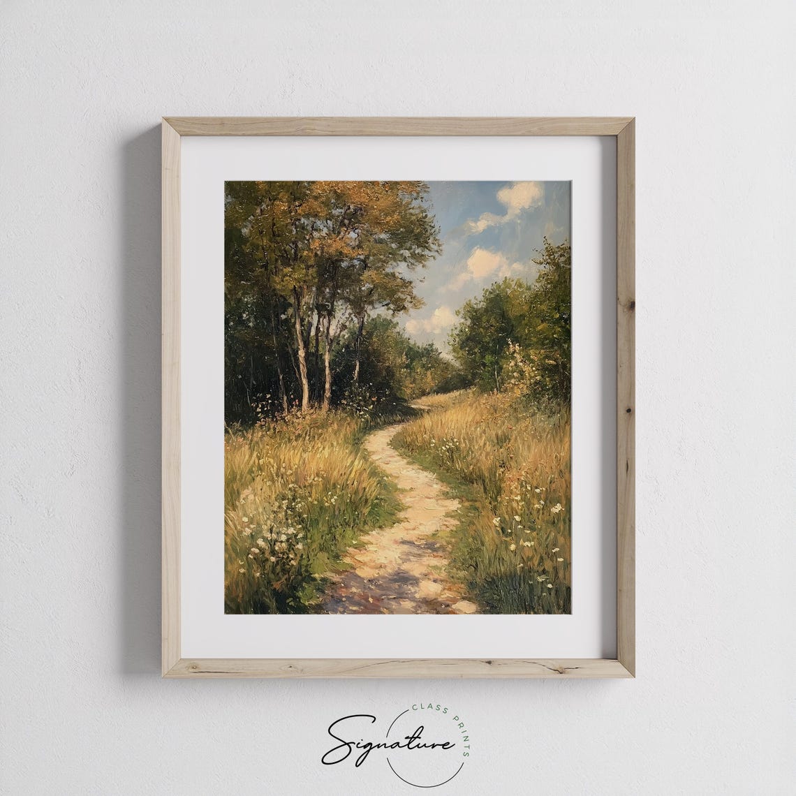 Sunlit Wildflower Meadow Path With Trees Under Bright Blue Sky Poster - Image 2