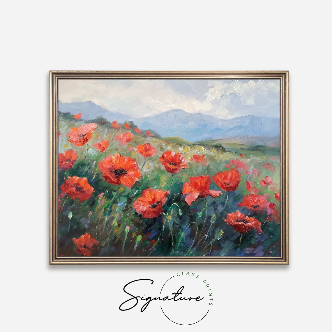 Red Poppy Field with Blue Mountains Impressionist Landscape Poster - Image 4