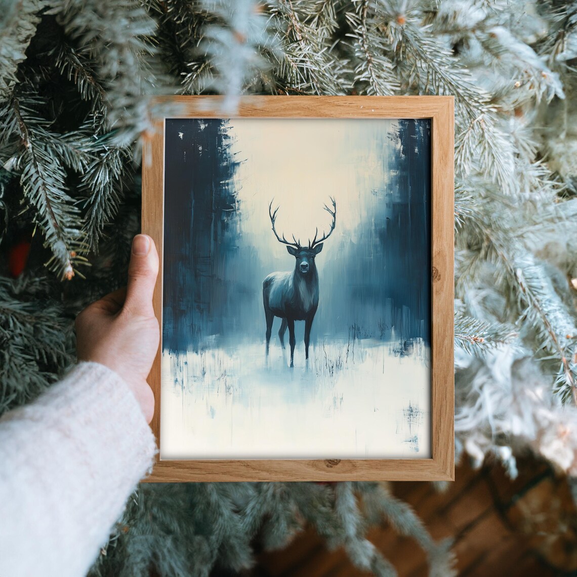 Majestic Stag in Misty Blue Forest Winter Wildlife Oil Painting Print - Image 6