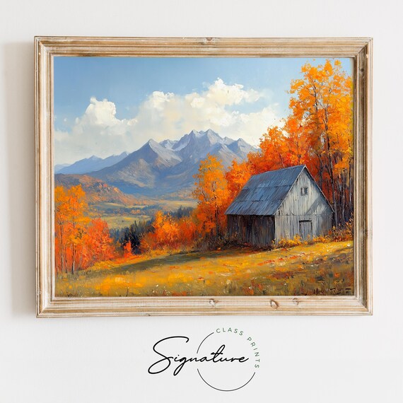 Old Gray Barn Among Orange Aspen Trees Under Mountain Peaks Poster