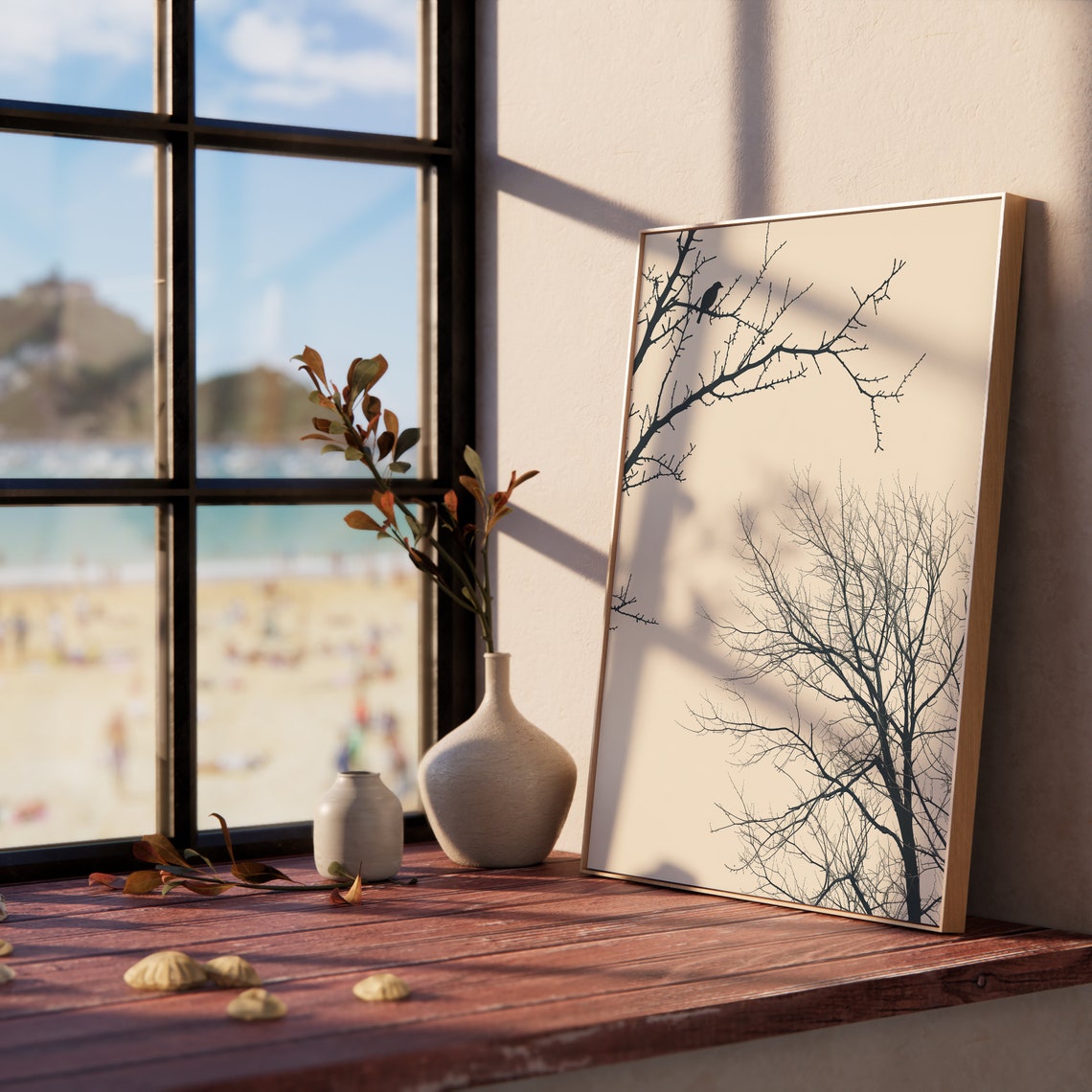 Quiet Winter Bird On Bare Branches Cream Sky Sketch Nature Poster - Image 5