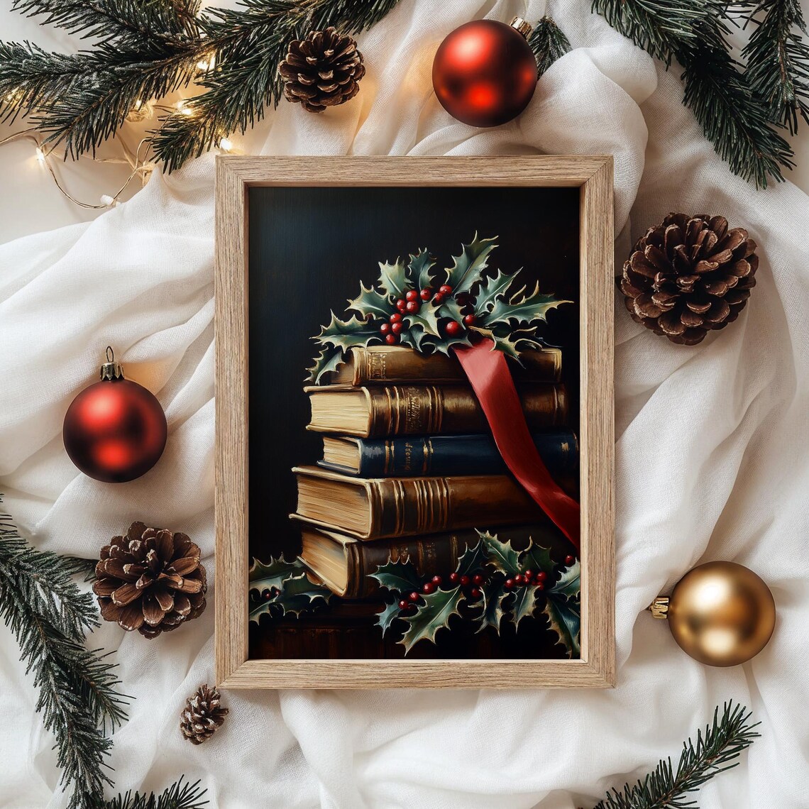 Stack Of Vintage Books With Red Ribbon And Holly Holiday Poster - Image 3