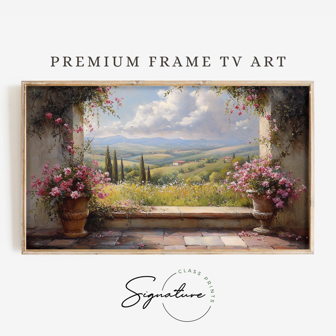 Tuscan Terrace Potted Roses Overlooking Countryside Valley View Poster