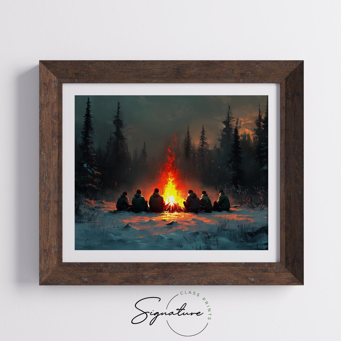 Friends Gathered Around Campfire In Snowy Night Forest Poster - Image 5