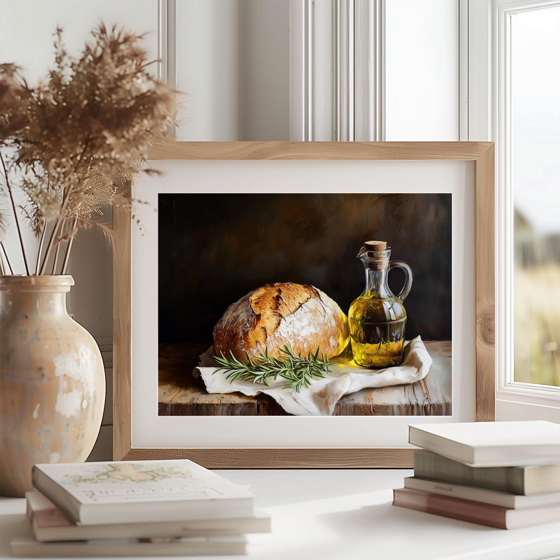 Rustic Bread And Olive Oil Still Life Kitchen Farmhouse Wall Art - Image 2