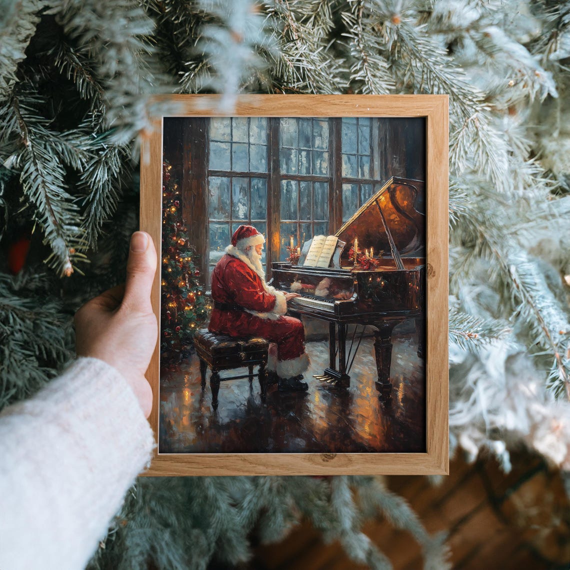 Santa Claus Playing Grand Piano Candlelit Christmas Night Poster