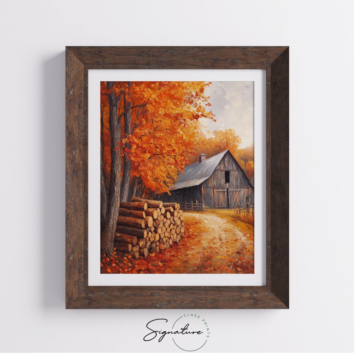 Cut Log Stack Weathered Barn Fiery Maple Autumn Painting Print - Image 4