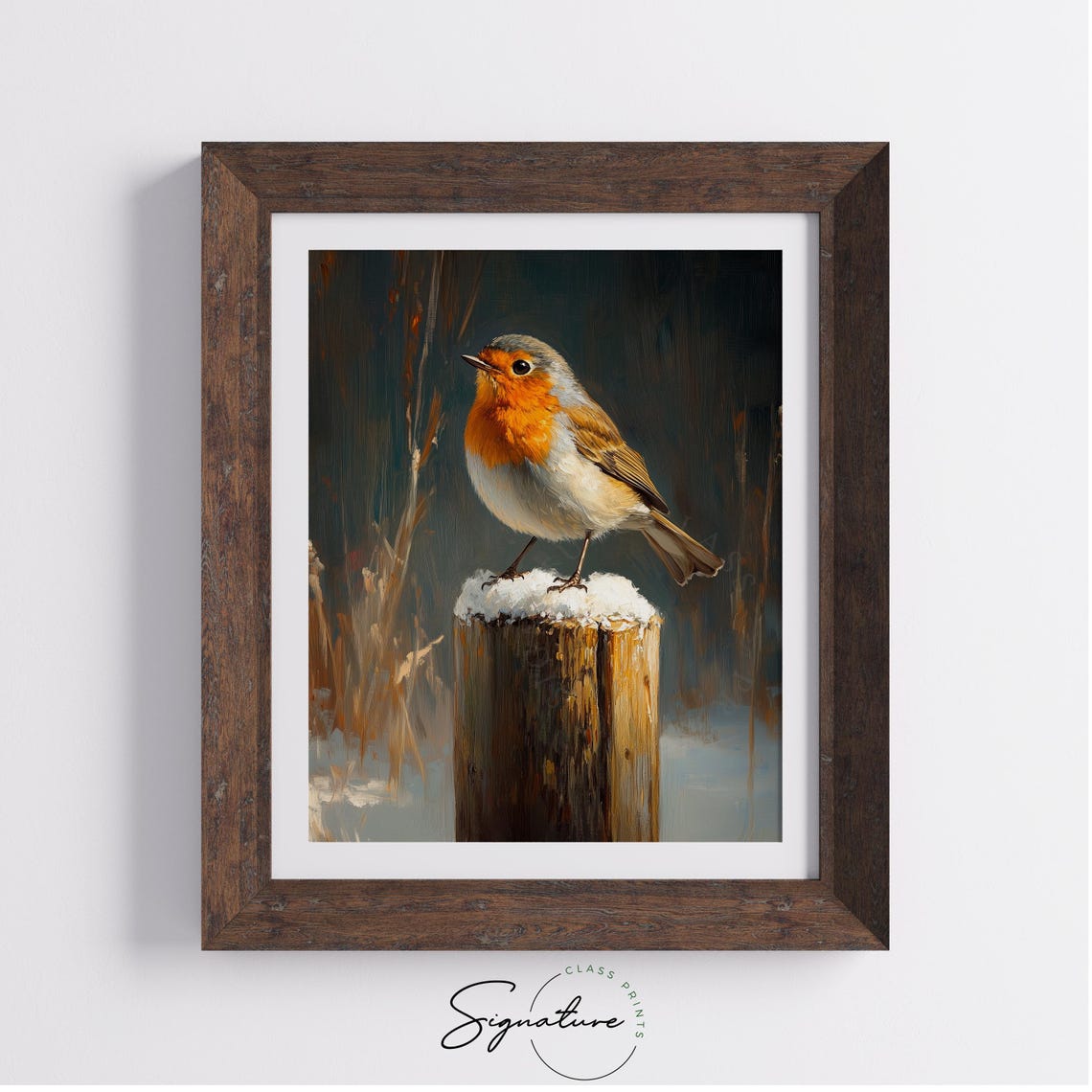 European Robin Perched on a Snow-Covered Fence Post Winter Poster - Image 3