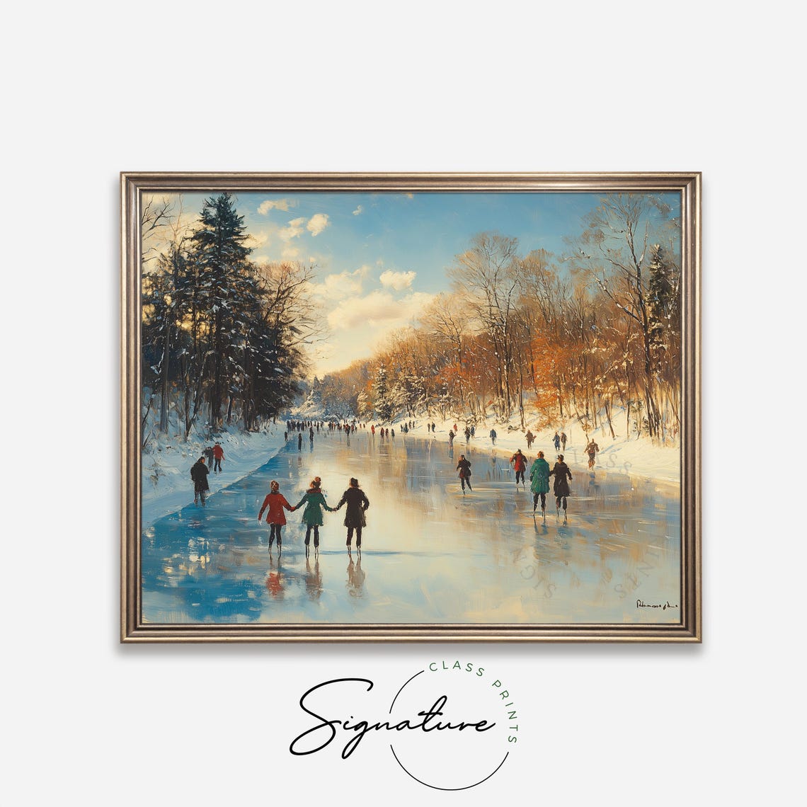 Families Ice Skating On Frozen River Sunny Winter Day Poster - Image 4