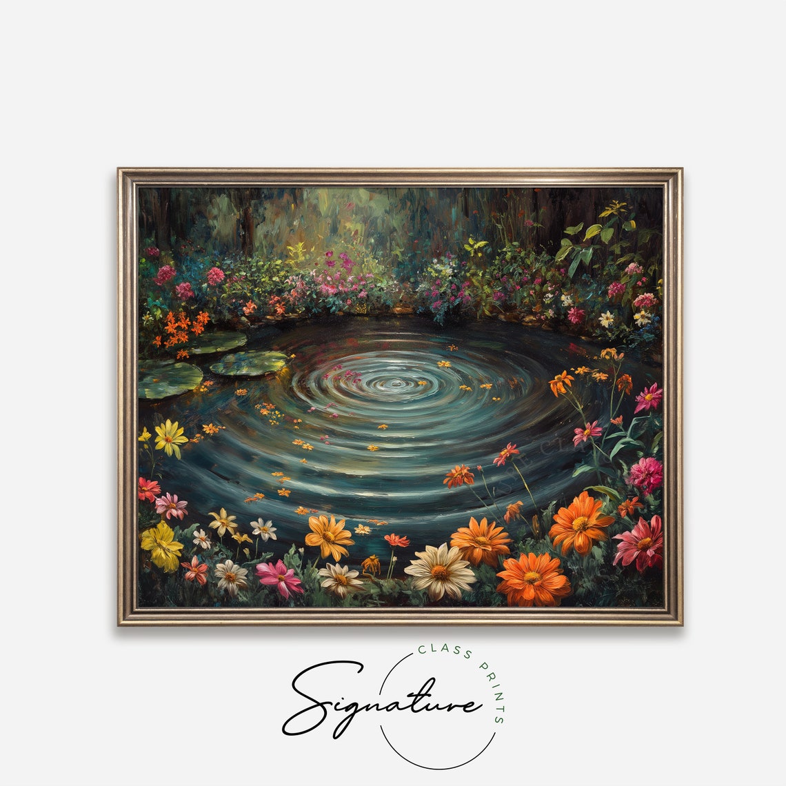 Enchanted Rippling Pond With Pink And Orange Blossoms Floral Poster - Image 4