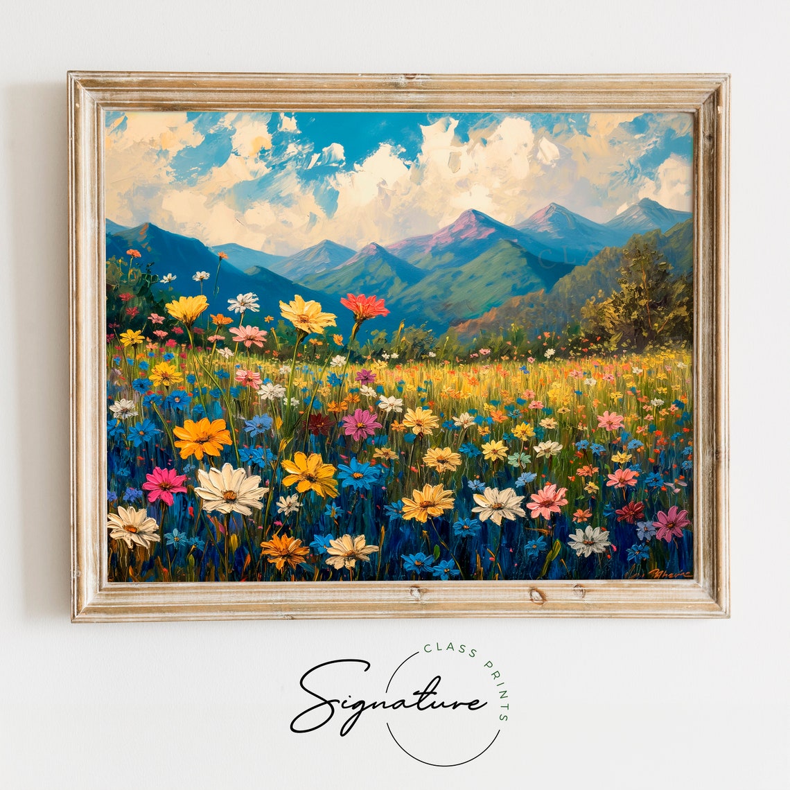 Daisy Meadow with Mountain Peaks Under Blue Sky Impressionist Poster
