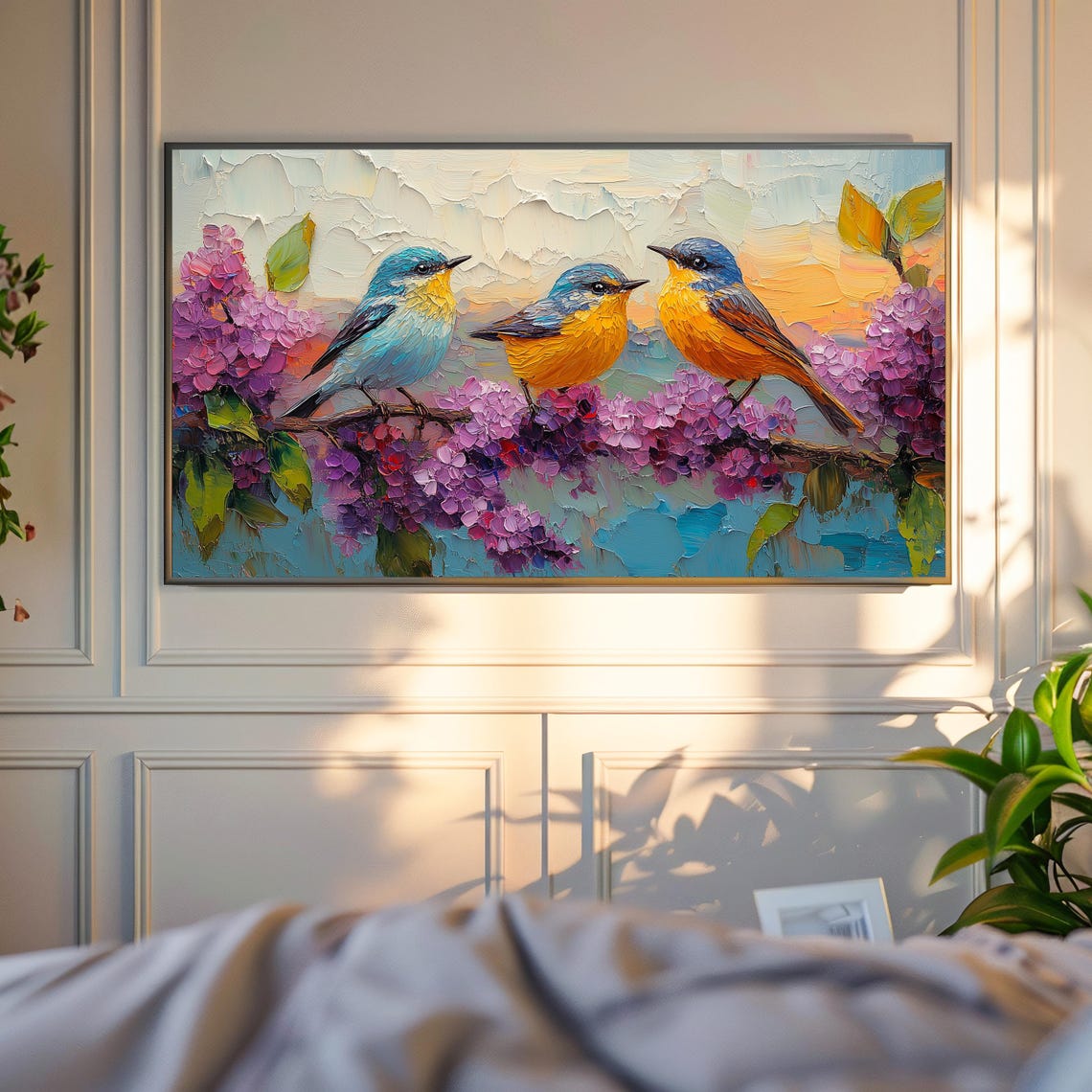 Blooming Spring Warblers On Lilac Impasto Bird Frame Art Print - Image 4