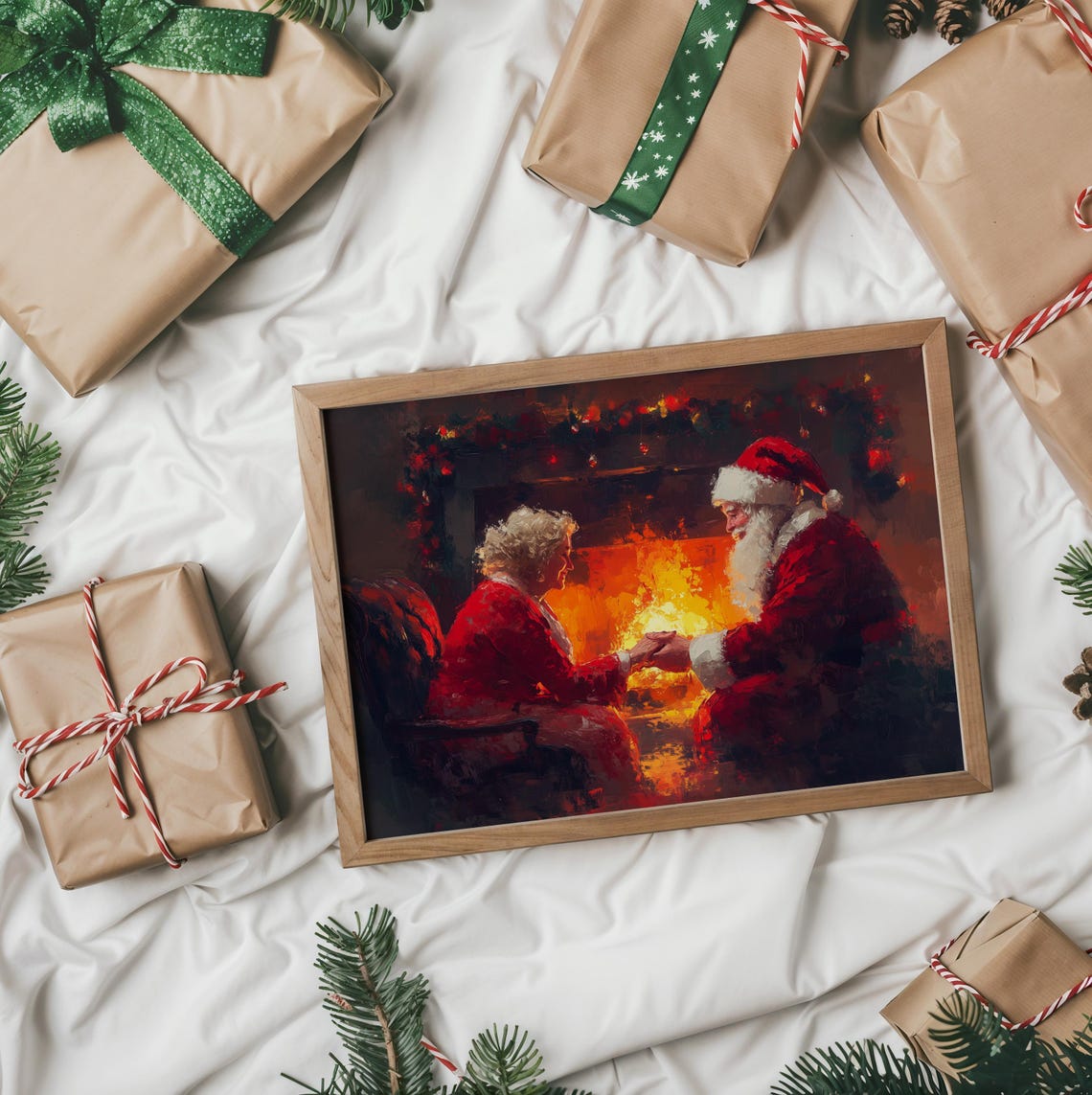 Santa And Mrs Claus Holding Hands By A Glowing Fireplace Art Poster - Image 2