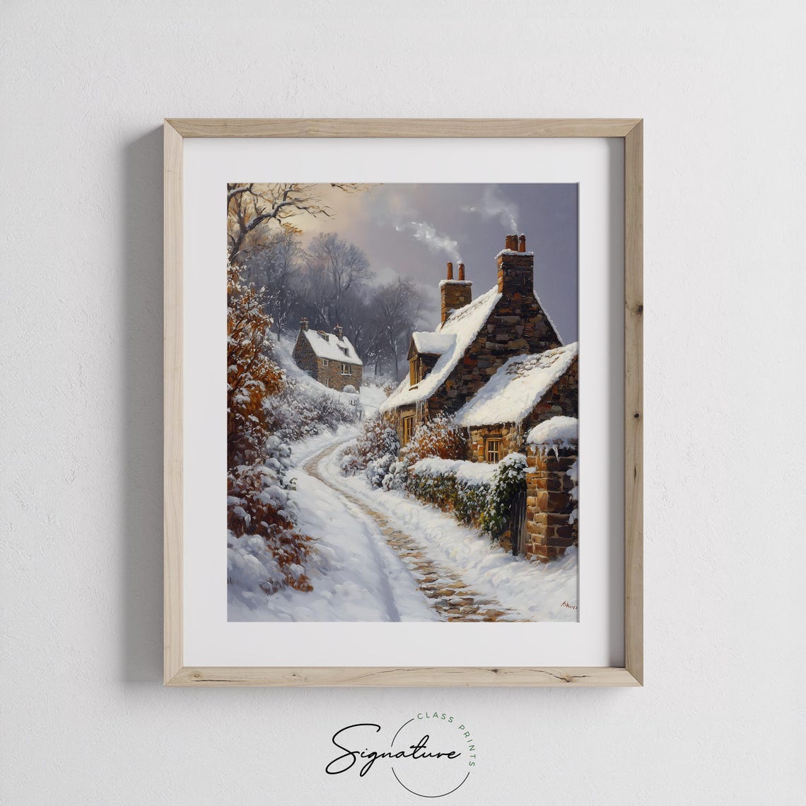 Snow Covered Stone Cottages on a Quiet Winter Lane at Dusk Poster - Image 2