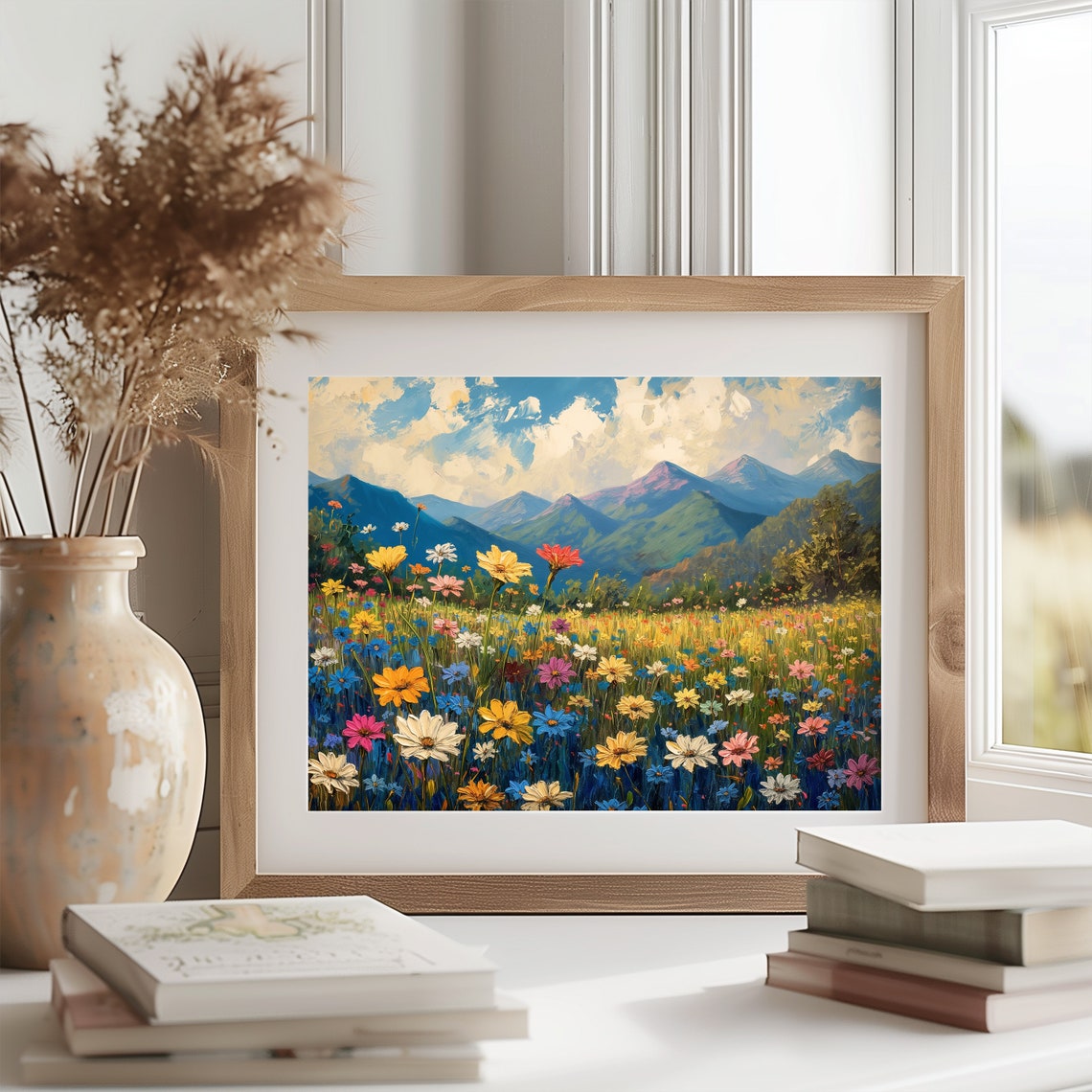 Daisy Meadow with Mountain Peaks Under Blue Sky Impressionist Poster - Image 2