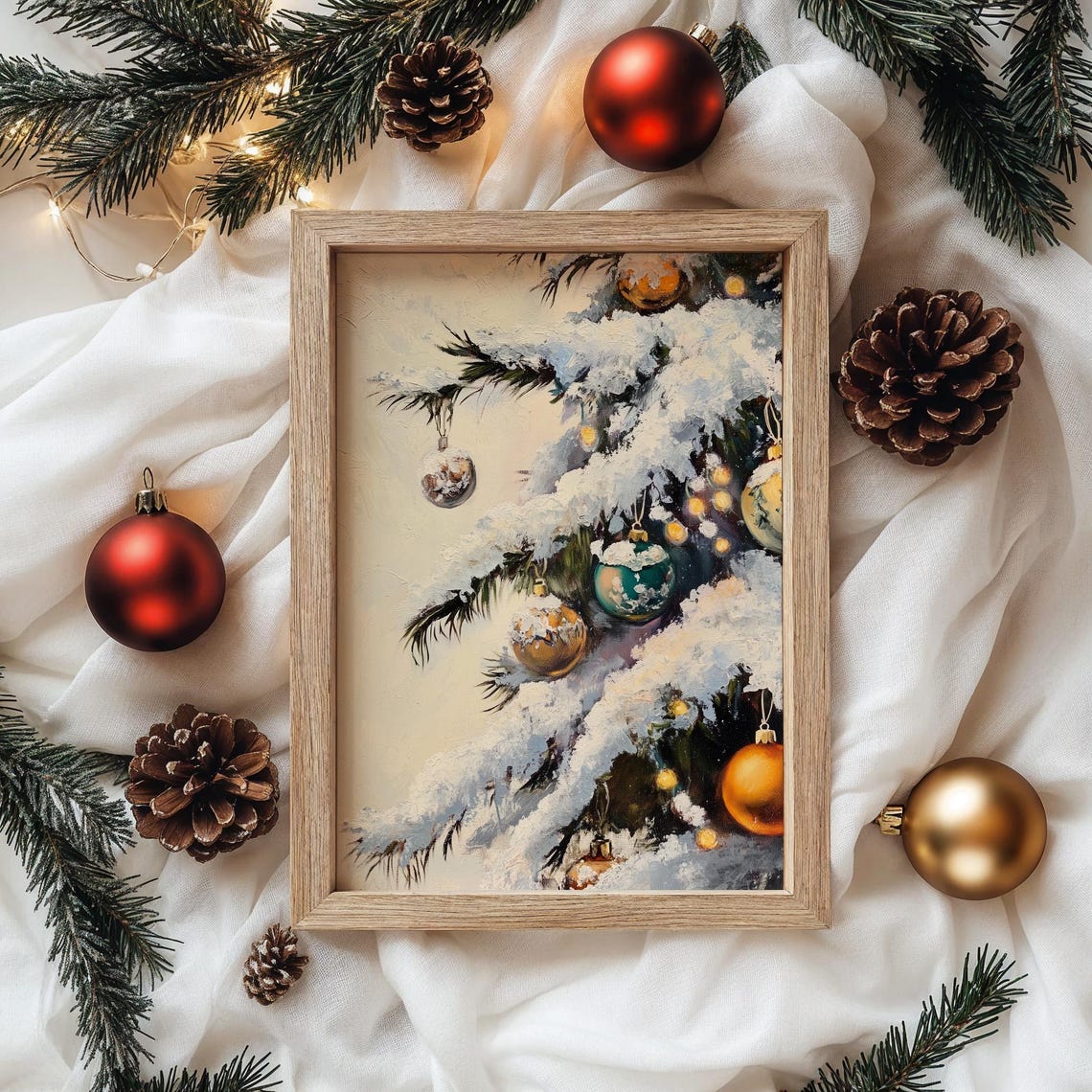 Snow Laden Christmas Tree Branches with Vintage Ornaments Poster - Image 4