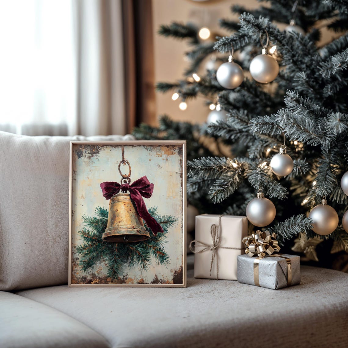 Brass Christmas Bell with Red Velvet Bow Pine Oil Painting Print - Image 5